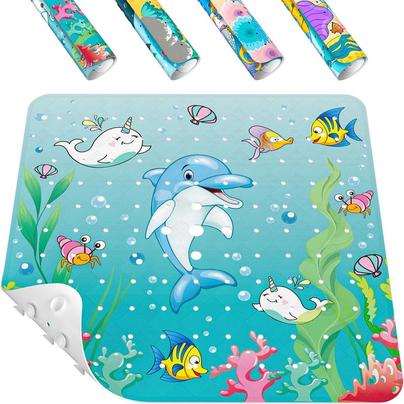 HITSLAM Square Shower Stall Mat Anti Slip, Quick Dry 21x21 Inch Bathtub Floor Mat for Kids with Suction Cups and Drainage Holes, Machine Wash, Soft on Feet, Dolphin - Image 1